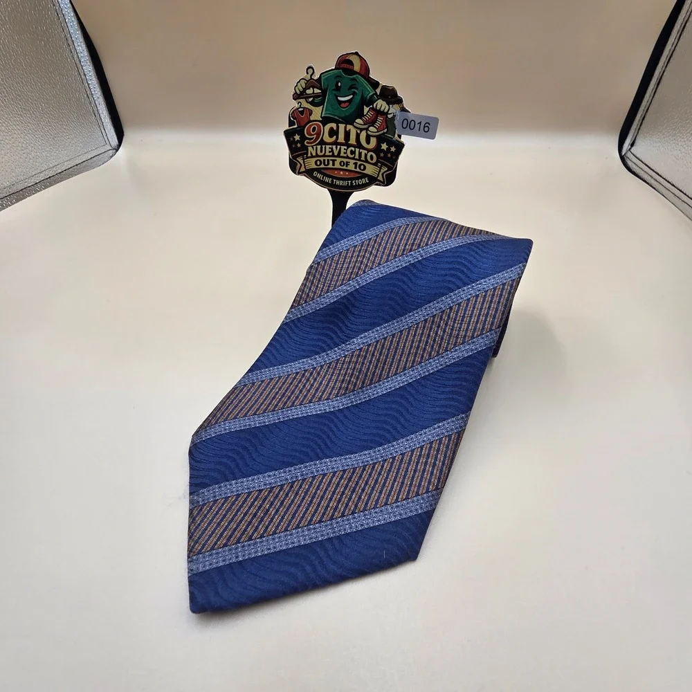 Stefano Ricci Mens Silk Tie Blue Grey Bronze Striped Wavy Jacquard Made in Italy